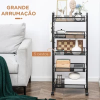 HOMCOM Carrinho Auxiliar com Rodas de 5 Níveis com Cestos de Malha Removíveis e Estrutura de Aço 45x26,5x106 cm Preto(m-4)