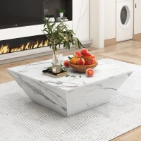 Modern Trapezoidal Coffee Table with 2 Drawers, Marbling Veneer End Table, Side Table with Storage for Living Room, 70x70x37 cm, White(m-1)