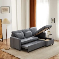L-Shaped Linen Look Corner Sofa Bed with Storage, 3 Seater Pull-Out Convertible Settee with Cup Holders and Magazine Pockets, 212x141x87.5 cm, Grey(m-6)