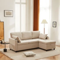 Linen Look L-Shaped Corner Sofa Bed with Storage, 3 Seater Convertible Settee with Cup Holders and Magazine Pockets, 212x141x87.5 cm, Beige(m-1)