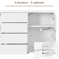 High Gloss Modern Sideboard Cabinet with LED Lights, 2 Doors and 4 Storage Drawers, Chest of Drawers for Living Room, 140x35x72 cm, White(m-6)