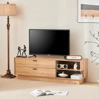Wooden TV Units with 2 Drawers and Open Storage for 60-Inch TV, Oak Finish TV Stand for Living Room, 140x40x45 cm, Oak(m-7)