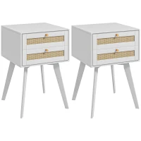 HOMCOM Conjunto de 2 Mesas de Cabeceira Estilo Cannage com 2 Gavetas em Vime Mesas Auxiliares Pequenas 40x40x60 cm Branco(m-1)
