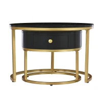 Round Nesting Coffee Tables with Storage Drawer, Gold Metal Frame, Marble Pattern Top, Sofa Side Table for Living Room, Bedroom, Office, Black(m-9)