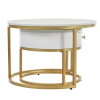 Round Nesting Coffee Tables with Drawer, Set of 2 Tables with Storage, Gold Metal Frame and Marble Pattern Top for Living Room, Bedroom, Office, White(m-9)