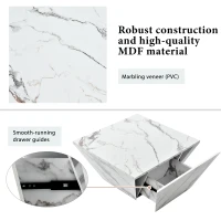 Modern Trapezoidal Coffee Table with 2 Drawers, Marbling Veneer End Table, Side Table with Storage for Living Room, 70x70x37 cm, White(m-6)