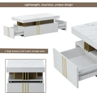 Modern Rectangular Coffee Table with PVC Pattern Top and 2 Wooden Drawers, Living Room Table, 100x50x40 cm, White(m-6)