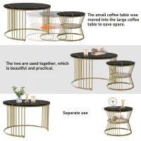 Set of 2 Nesting Coffee Tables with Marble Pattern Top, Gold Metal Frame, Side Tables for Living Room, 70x70x45 cm and 45x45x40 cm, Black(m-6)