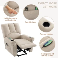 Electric Power Lift Massage Chair with Heating Points, Side Pockets, Stand Assist, Cup Holders, Recliner Armchair for Elderly, 91x90x108 cm, Beige(m-6)