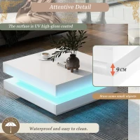 High Gloss Round Coffee Table with Rotating Top and 16-Colour LED Light, 70x70x36 cm, White(m-4)