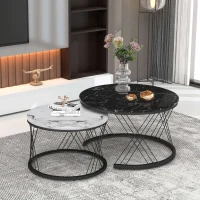 Nesting Coffee Tables with Marble Top, Metal Frame, Sofa Side Tables for Bedroom, Living Room, 70x70x45.5 cm and 44.5x44.5x38 cm, Black(m-1)
