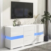 High Gloss Modern Sideboard Cabinet with LED Lights, 2 Doors and 4 Storage Drawers, Chest of Drawers for Living Room, 140x35x72 cm, White(m-8)