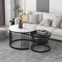 Modern Nesting Coffee Table with Marble Finish, Round Side Tables with Metal Frame, 70x70x45 cm and 45x45x40 cm, Black+White(m-7)