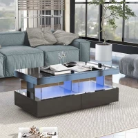 High Gloss Modern Coffee Table with 16-Colour LED Lights, 2 Drawers and Open Storage, Side Table for Drawing Room, 100x60x49.5 cm, Black(m-1)