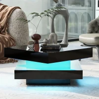 Stylish High Gloss Coffee Table with Rotating Top, 16-Colour LED Light, Rectangular Occasional Table with Lift Top, 70x70x36 cm, Black(m-9)