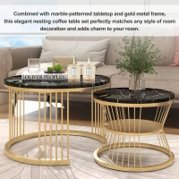 Set of 2 Nesting Coffee Tables with Marble Pattern Top, Gold Metal Frame, Side Tables for Living Room, 70x70x45 cm and 45x45x40 cm, Black(m-4)