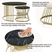 Set of 2 Nesting Coffee Tables with Marble Pattern Top, Gold Metal Frame, Side Tables for Living Room, 70x70x45 cm and 45x45x40 cm, Black(m-7)
