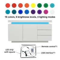 Mid-Century Style Sideboard with 16-Colour LED Lights, 2 Doors and 3 Drawers, Cupboard for Hallway, 140x35x72.5 cm, White(m-5)