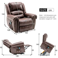 Large Executive Power Lift Recliner Chair with Heating Massage Points, Heavy Duty Electric Faux Leather Recliner with USB Port and Side Pockets, 104x106x102 cm, Brown(m-3)