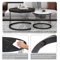 Nesting Coffee Tables with Marble Top, Metal Frame, Sofa Side Tables for Bedroom, Living Room, 70x70x45.5 cm and 44.5x44.5x38 cm, Black(m-7)