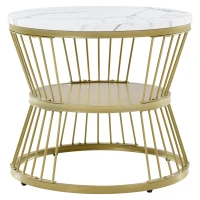 Round Nest of Tables Set of 2 with Marble Pattern Top and Gold Metal Frame, 70x70x45 cm and 45x45x40 cm, White(m-9)