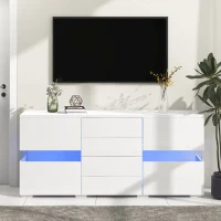 High Gloss Modern Sideboard Cabinet with LED Lights, 2 Doors and 4 Storage Drawers, Chest of Drawers for Living Room, 140x35x72 cm, White(m-1)