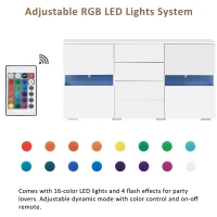 High Gloss Modern Sideboard Cabinet with LED Lights, 2 Doors and 4 Storage Drawers, Chest of Drawers for Living Room, 140x35x72 cm, White(m-4)