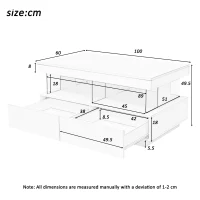 High Gloss Coffee Table with 16-Colour LED Lights, 2 Drawers, Open Storage, and Glass Top, 100x60x49.5 cm, White(m-3)