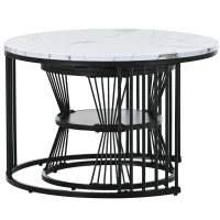 Modern Nesting Coffee Table with Marble Finish, Round Side Tables with Metal Frame, 70x70x45 cm and 45x45x40 cm, Black+White(m-9)