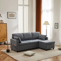 L-Shaped Linen Look Corner Sofa Bed with Storage, 3 Seater Pull-Out Convertible Settee with Cup Holders and Magazine Pockets, 212x141x87.5 cm, Grey(m-1)