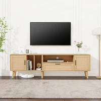 TV Units Modern with 2 Doors & Drawer, Solid Wooden Legs & Rattan Decoration, Up to 80'' TV Size - Oak(m-1)