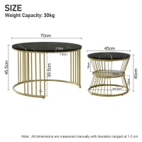 Set of 2 Nesting Coffee Tables with Marble Pattern Top, Gold Metal Frame, Side Tables for Living Room, 70x70x45 cm and 45x45x40 cm, Black(m-3)