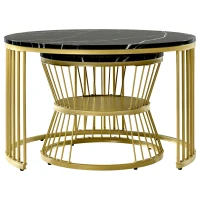Set of 2 Nesting Coffee Tables with Marble Pattern Top, Gold Metal Frame, Side Tables for Living Room, 70x70x45 cm and 45x45x40 cm, Black(m-9)