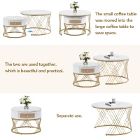 2-Piece Nesting Coffee Table with Storage Drawer, Marble-Style PVC Tabletops, Adjustable Height Footpads, 71x71x46 cm, White(m-5)