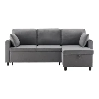 L-Shaped Linen Look Corner Sofa Bed with Storage, 3 Seater Pull-Out Convertible Settee with Cup Holders and Magazine Pockets, 212x141x87.5 cm, Grey(m-2)