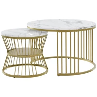 Round Nest of Tables Set of 2 with Marble Pattern Top and Gold Metal Frame, 70x70x45 cm and 45x45x40 cm, White(m-2)