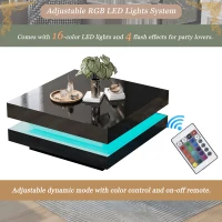 Stylish High Gloss Coffee Table with Rotating Top, 16-Colour LED Light, Rectangular Occasional Table with Lift Top, 70x70x36 cm, Black(m-6)