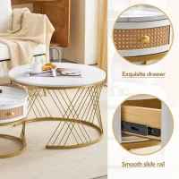 2-Piece Nesting Coffee Table with Storage Drawer, Marble-Style PVC Tabletops, Adjustable Height Footpads, 71x71x46 cm, White(m-7)