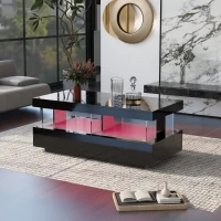 High Gloss Modern Coffee Table with 16-Colour LED Lights, 2 Drawers and Open Storage, Side Table for Drawing Room, 100x60x49.5 cm, Black(m-8)