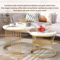 Round Nest of Tables Set of 2 with Marble Pattern Top and Gold Metal Frame, 70x70x45 cm and 45x45x40 cm, White(m-4)
