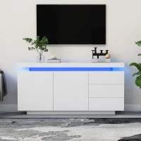 Mid-Century Style Sideboard with 16-Colour LED Lights, 2 Doors and 3 Drawers, Cupboard for Hallway, 140x35x72.5 cm, White(m-1)