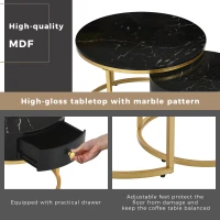 Round Nesting Coffee Tables with Storage Drawer, Gold Metal Frame, Marble Pattern Top, Sofa Side Table for Living Room, Bedroom, Office, Black(m-7)