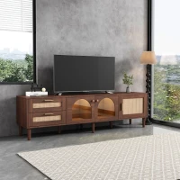 Wooden TV Stand for 80-Inch TV with Rattan Drawers, LED Lighting, Glass Doors, Modern Media Unit for Living Room, 180x40x50 cm, Brown(m-7)