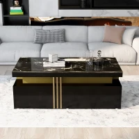 Modern Coffee Table with PVC Pattern Top and 2 Wooden Drawers, Living Room Table, 100x50x40 cm, Black(m-8)