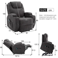 Power Lift Electric Recliner Chair with Massage, Heating, Cup Holders and Side Pockets, Recliner Armchair for Elderly, 81x73x105 cm, Grey(m-3)