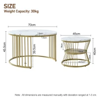Round Nest of Tables Set of 2 with Marble Pattern Top and Gold Metal Frame, 70x70x45 cm and 45x45x40 cm, White(m-3)