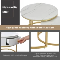 Round Nesting Coffee Tables with Drawer, Set of 2 Tables with Storage, Gold Metal Frame and Marble Pattern Top for Living Room, Bedroom, Office, White(m-7)