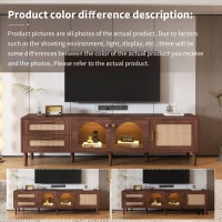 Wooden TV Stand for 80-Inch TV with Rattan Drawers, LED Lighting, Glass Doors, Modern Media Unit for Living Room, 180x40x50 cm, Brown(m-4)