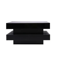 Stylish High Gloss Coffee Table with Rotating Top, 16-Colour LED Light, Rectangular Occasional Table with Lift Top, 70x70x36 cm, Black(m-2)