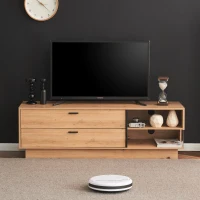 Wooden TV Units with 2 Drawers and Open Storage for 60-Inch TV, Oak Finish TV Stand for Living Room, 140x40x45 cm, Oak(m-1)